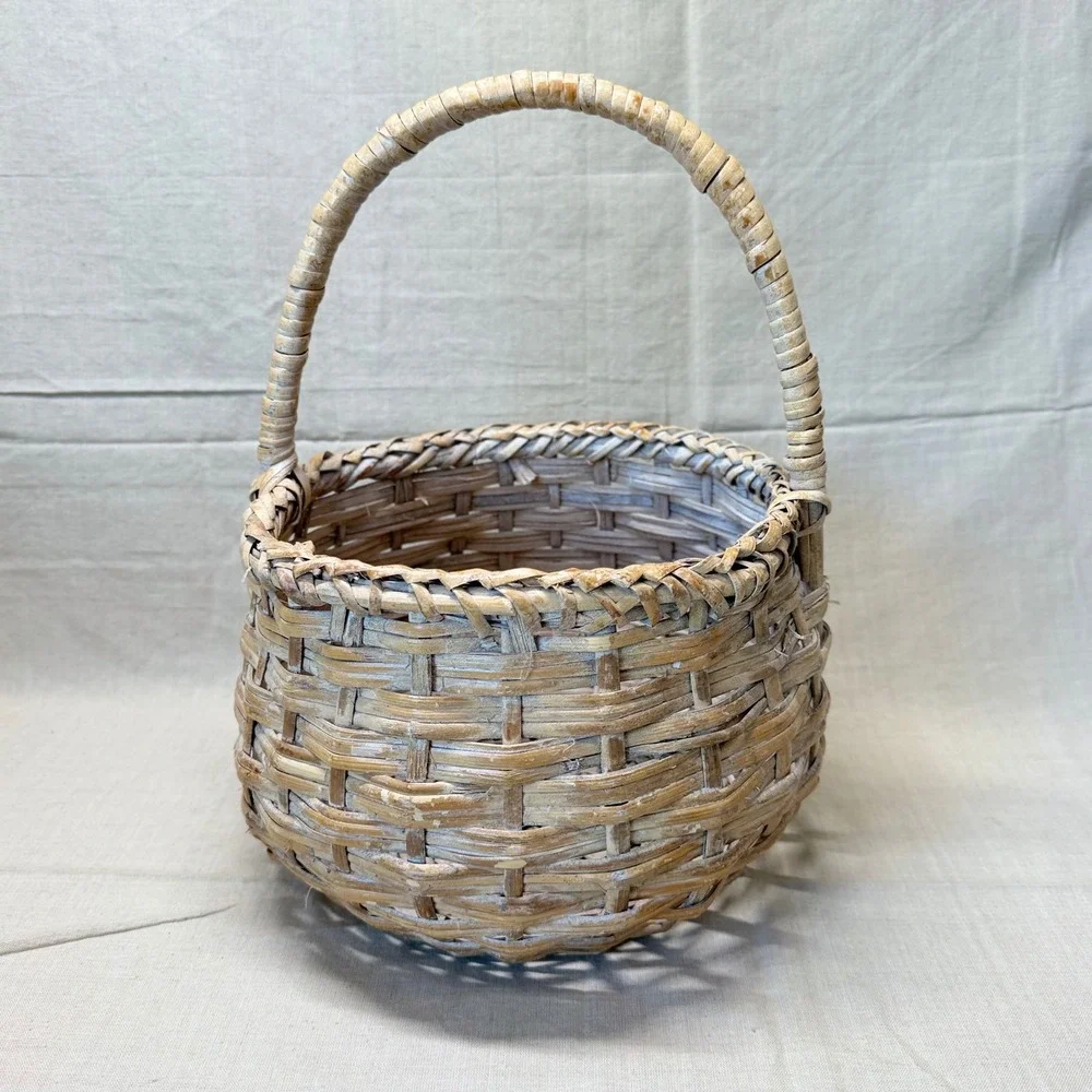 Vintage Handwoven Gathering Basket Woven Wicker Market Basket Cottage Decor